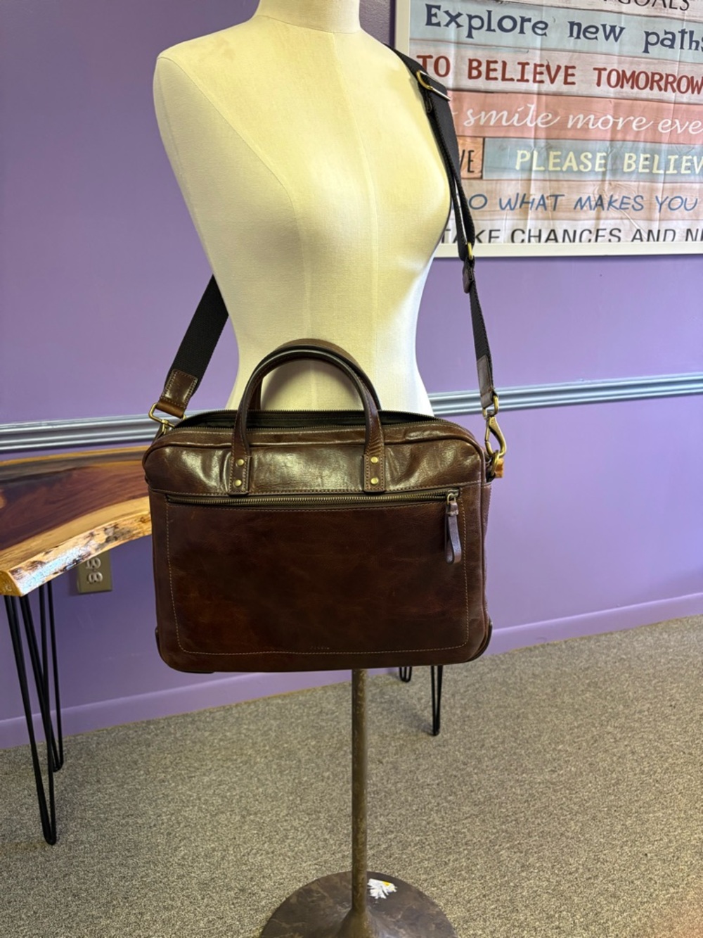 Fossil Dark Brown Leather Laptop Briefcase with Adjustable Strap